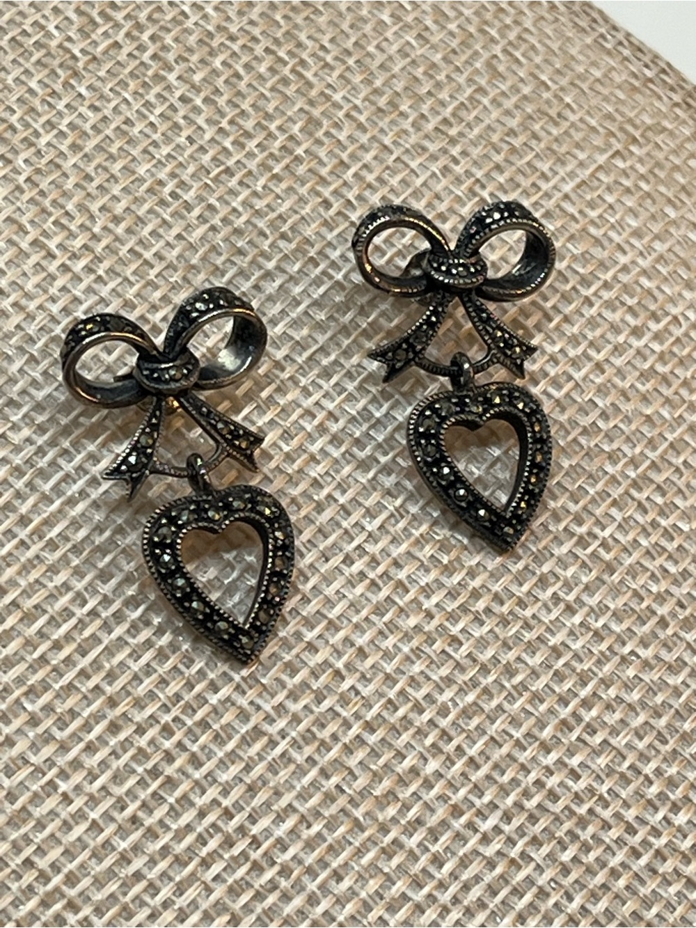 Vintage Judith Jack Sterling Silver Bow & Heart Marcasite Drop Earrings